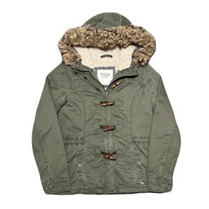 VTG Y2K Abercrombie & Fitch Military Toggle Jacket Fur Hood Lined Womens L Green
